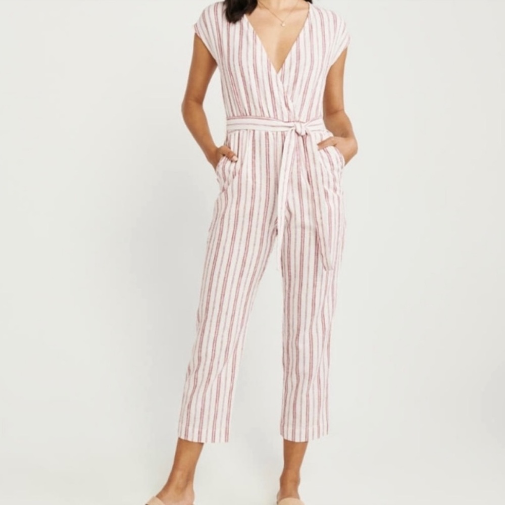 Abercrombie and Fitch Striped Linen Jumpsuit in Red/Cream